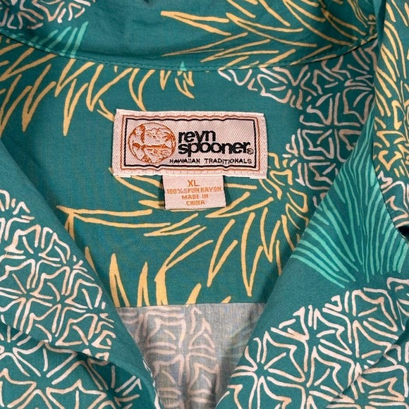 Reyn Spooner Hawaii Gold Camp Shirt Green Blue Men's Medium Aloha - Picture 3 of 6